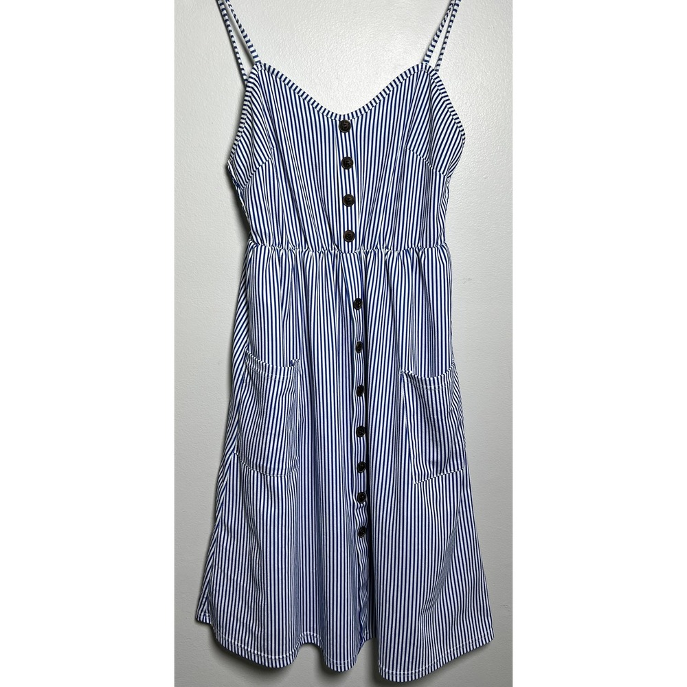 Womens Blue White Striped Button Front Midi Sundress Pockets Smocked Back XL - Picture 2 of 10